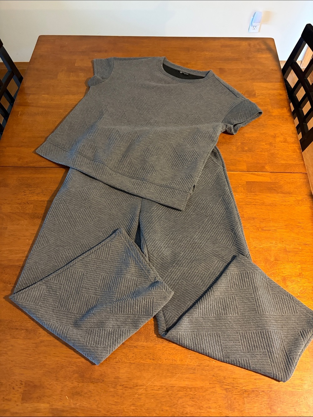 Women's Gray Textured Jumpsuit Set - Short Sleeve Top & Wide Leg Pants
